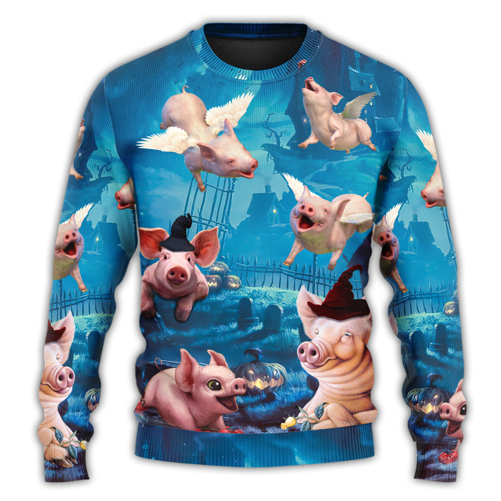 Halloween Flying Pig Pumpkin Art – Sweater - Ugly Christmas Sweater