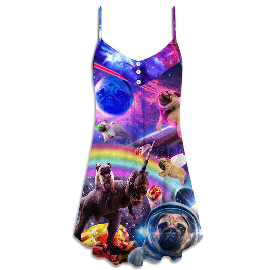 Pug Galaxy Rainbow Fun Style – Women's Summer Sleeveless V-Neck Camisole Dress