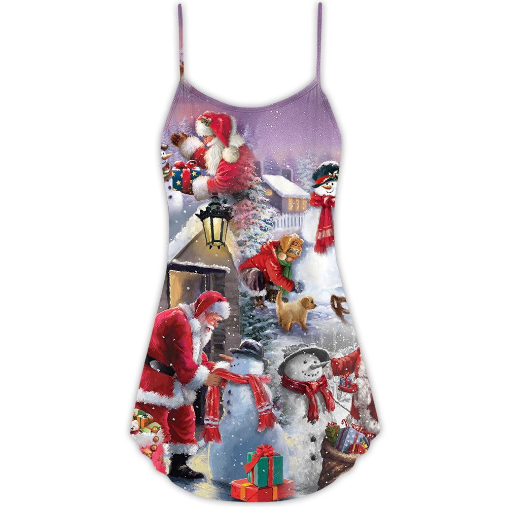 Christmas Santa Builds Snowman Gifts – Women's Summer Sleeveless V-Neck Camisole Dress