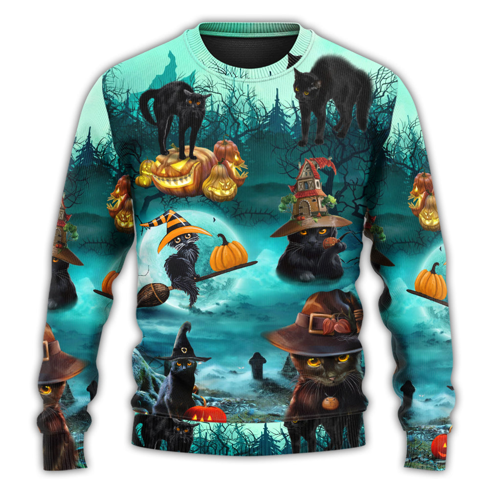 Halloween Black Cat Pumpkin Art Style – Sweater - Ugly Christmas Sweater