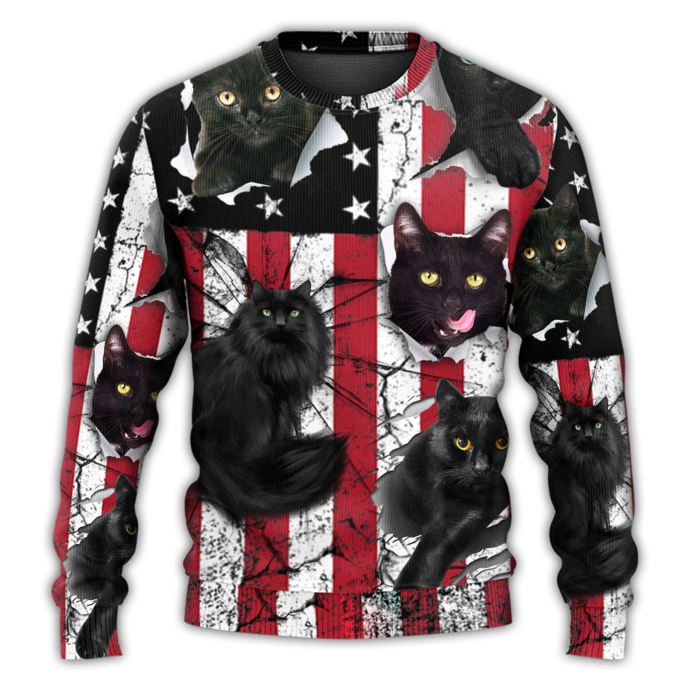 Black Cat Independence Day Style – Sweater - Ugly Christmas Sweater