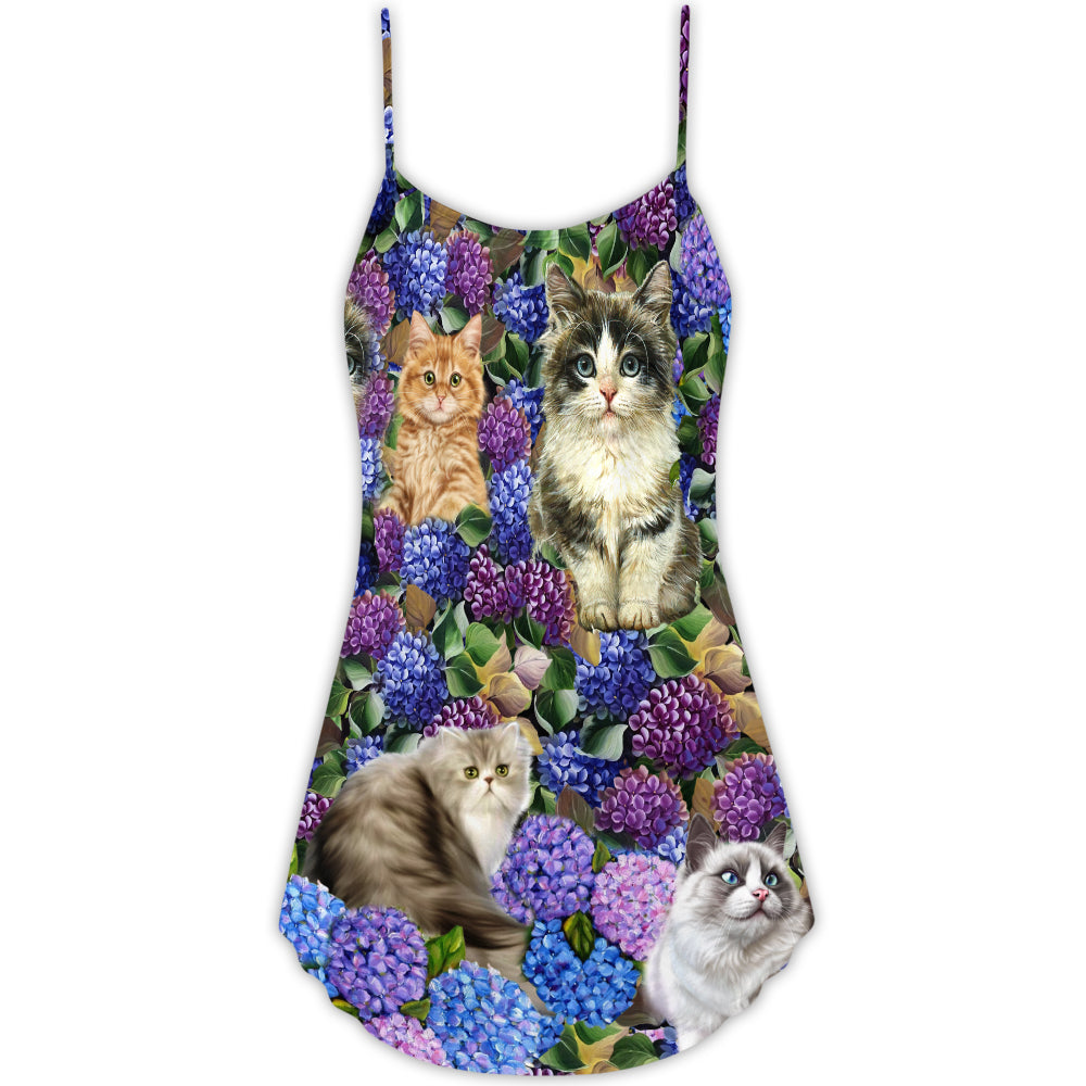 Lovely Cat Purple Flowers – Women's Summer Sleeveless V-Neck Camisole Dress