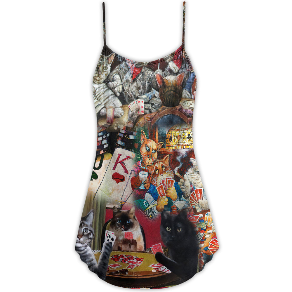 Cats Playing Poker Art – Women's Summer Sleeveless V-Neck Camisole Dress