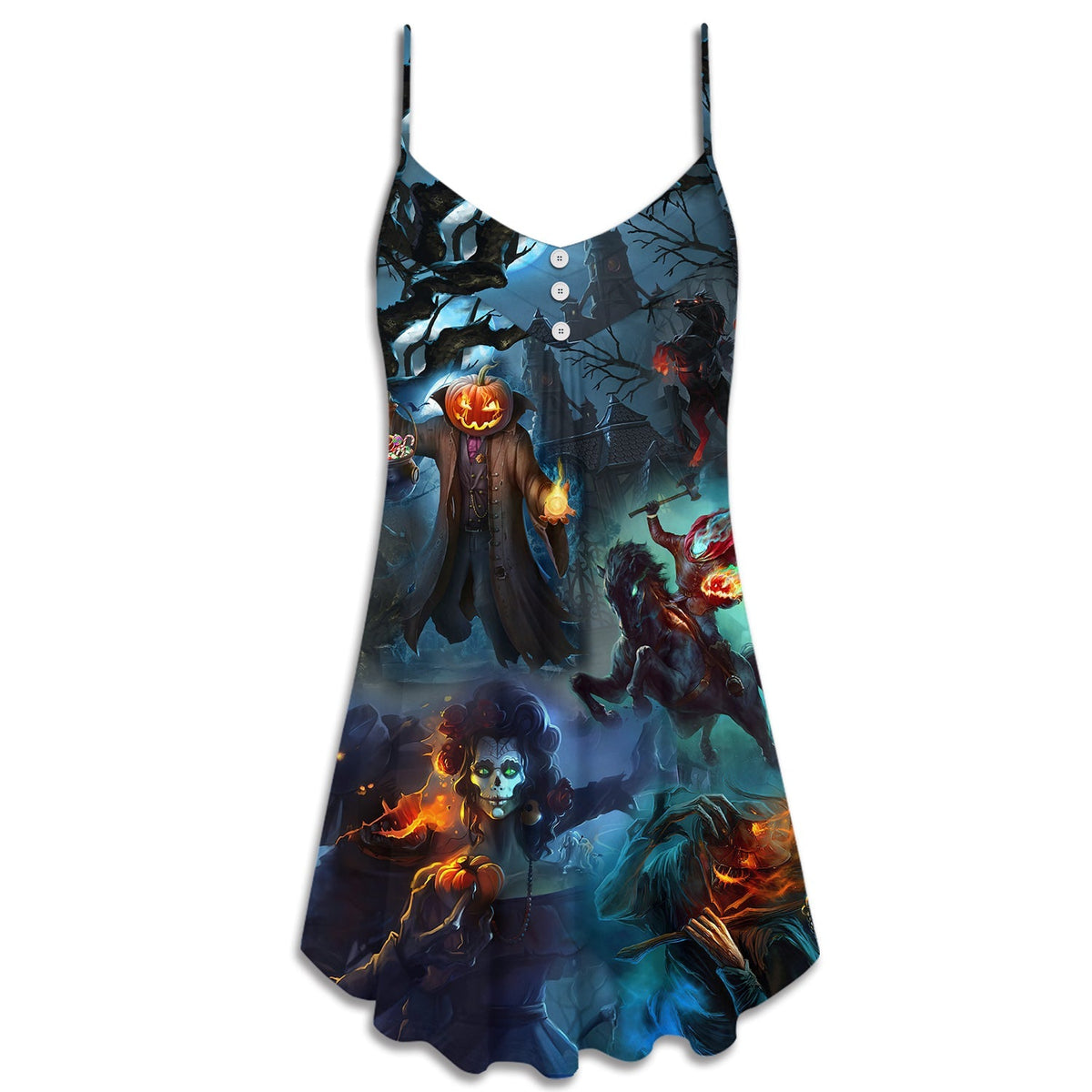 Halloween Skull Pumpkin Night Sky – Women's Summer Sleeveless V-Neck Camisole Dress