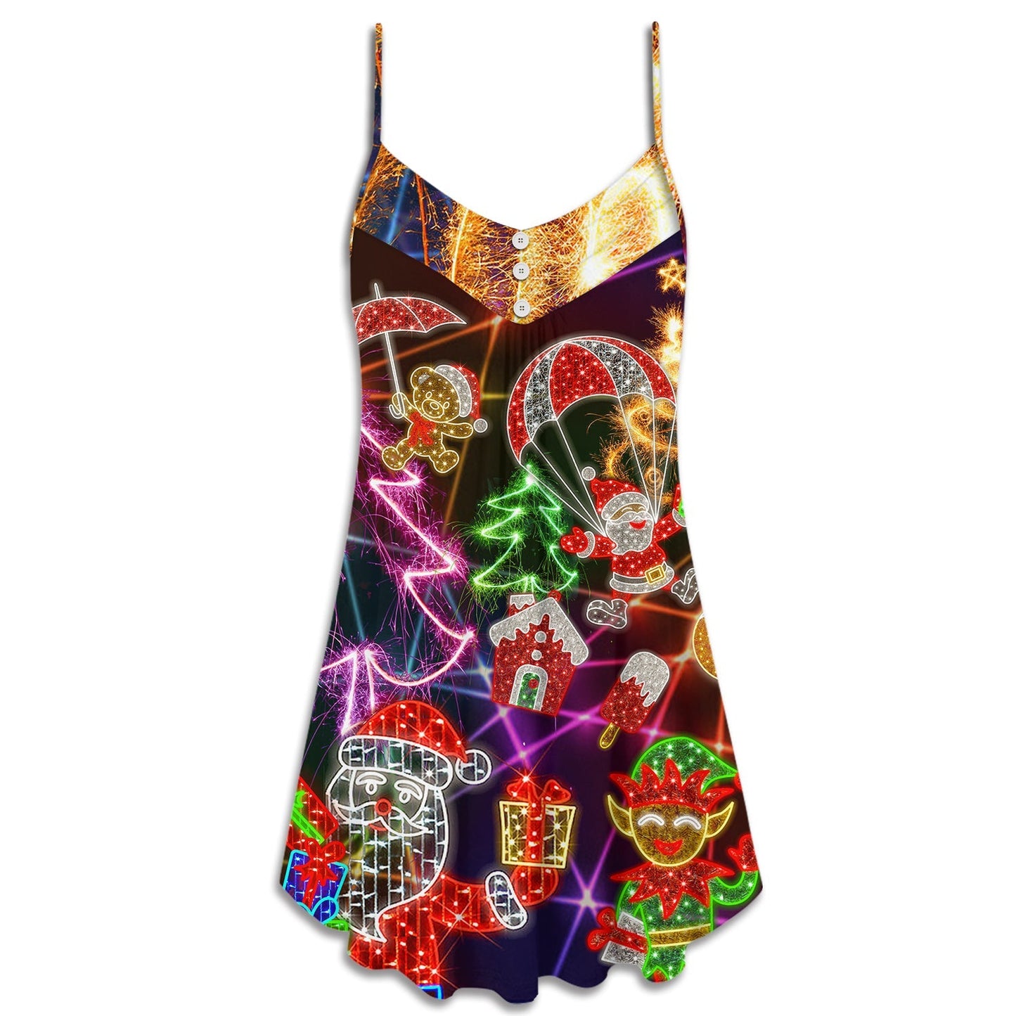 Christmas Santa Tree Elf Gingerbread Neon – Women's Summer Sleeveless V-Neck Camisole Dress