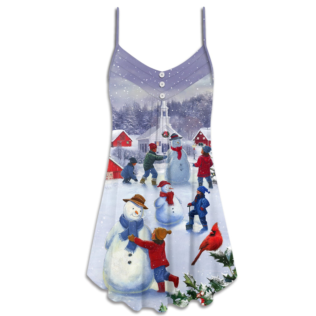 Children Snowman Christmas Town – Women's Summer Sleeveless V-Neck Camisole Dress