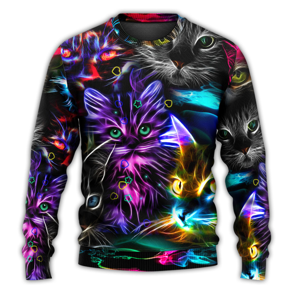 Funny Cat Neon Light Colorful Art – Sweater - Ugly Christmas Sweater