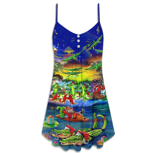 Christmas Santa Riding Alligator – Women's Summer Sleeveless V-Neck Camisole Dress