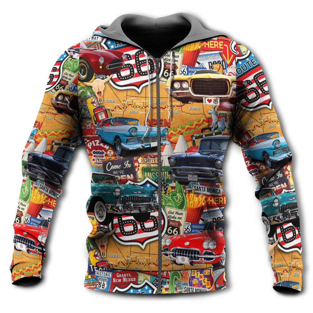Zip Hoodie / S Car Vintage Route 66 Road - Hoodie - Owls Matrix LTD