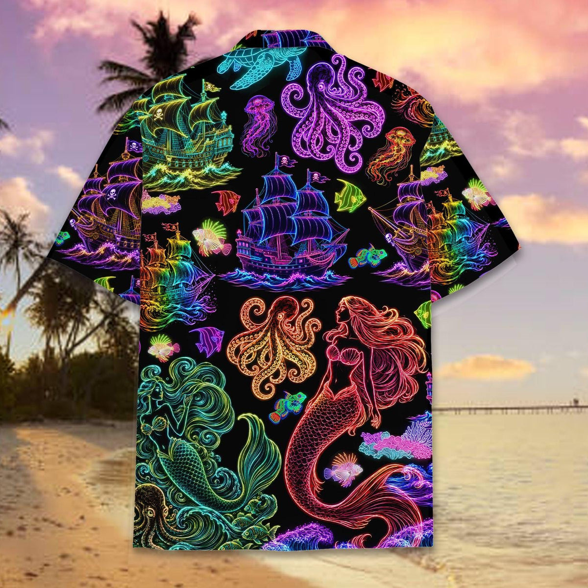 Neon Mermaid Pirate Ship Octopus Ocean – Hawaiian Shirt