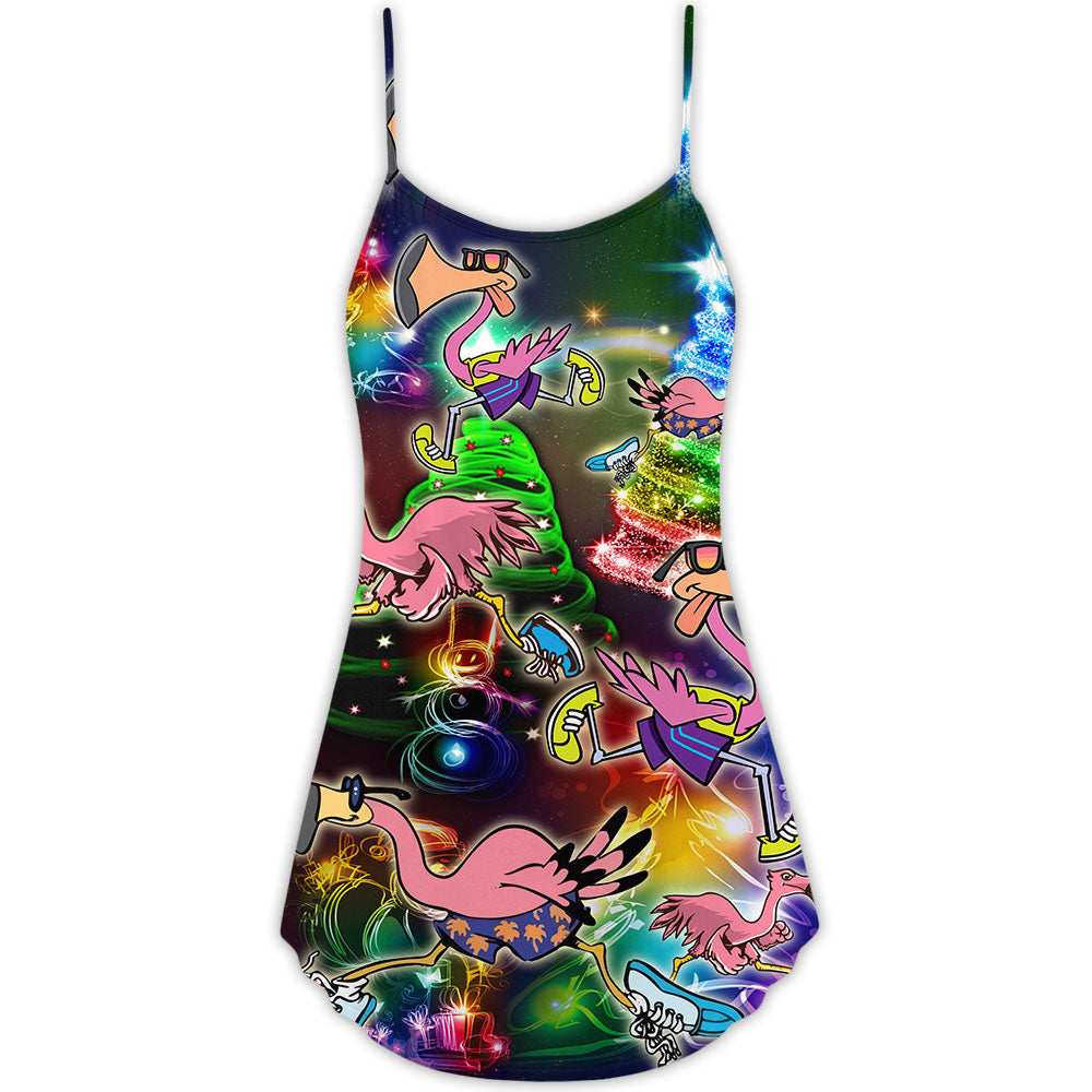 Flamingo Running Christmas Neon – Women's Summer Sleeveless V-Neck Camisole Dress