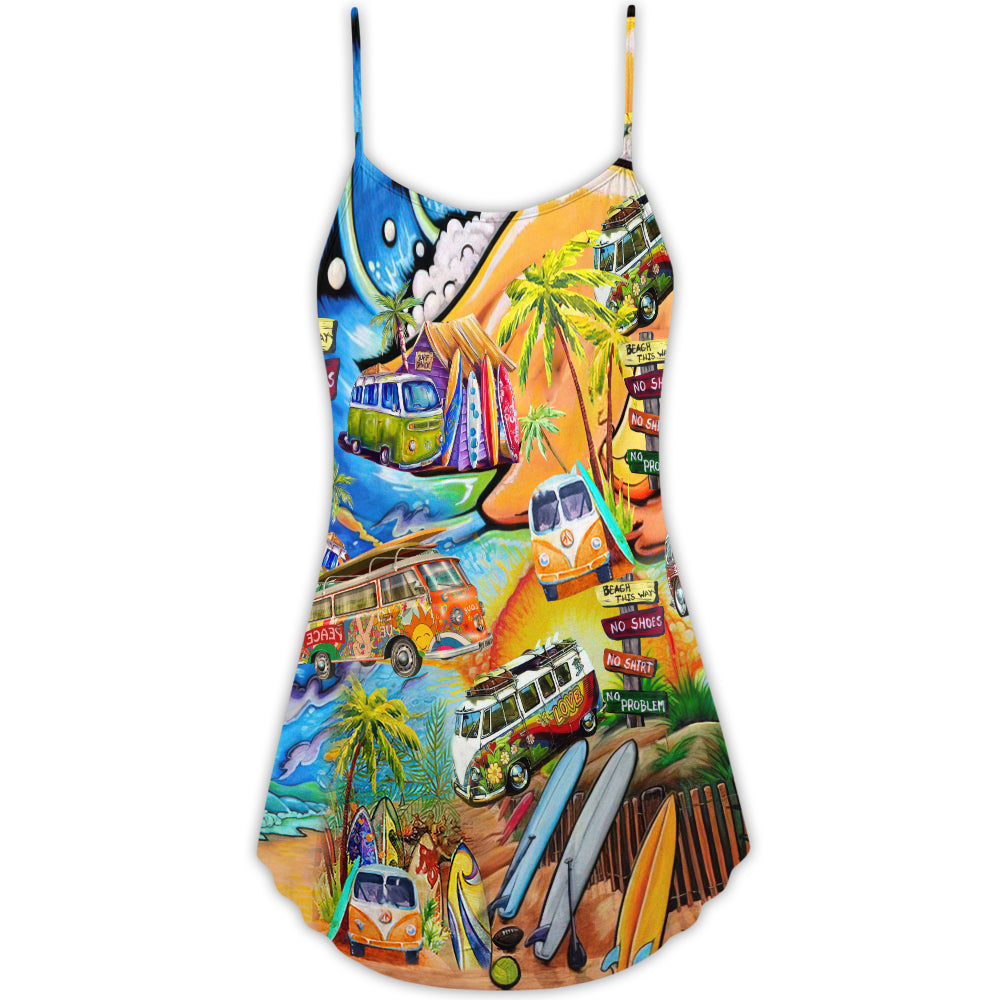 Hippie Bus Beach Summer – Women's Summer Sleeveless V-Neck Camisole Dress
