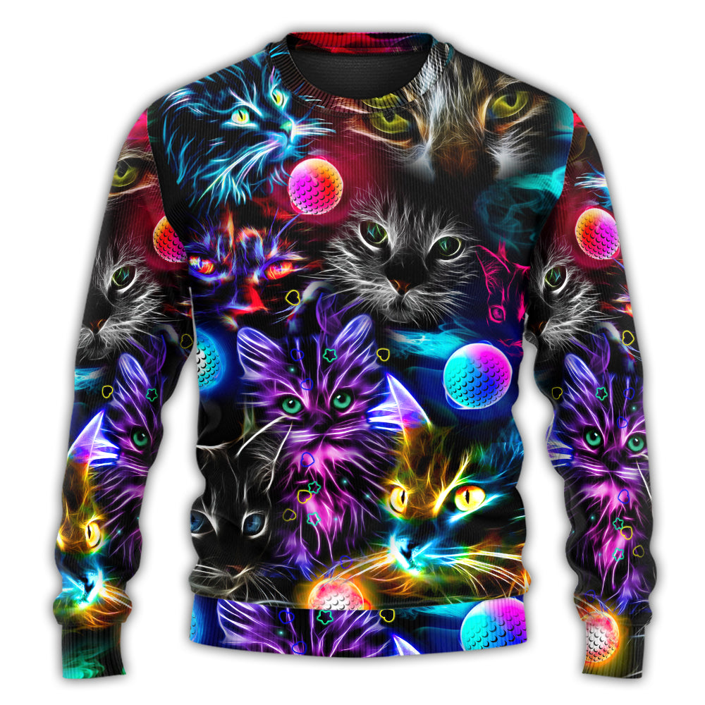 Golf Playing Cat Neon Lightning Art – Sweater - Ugly Christmas Sweater