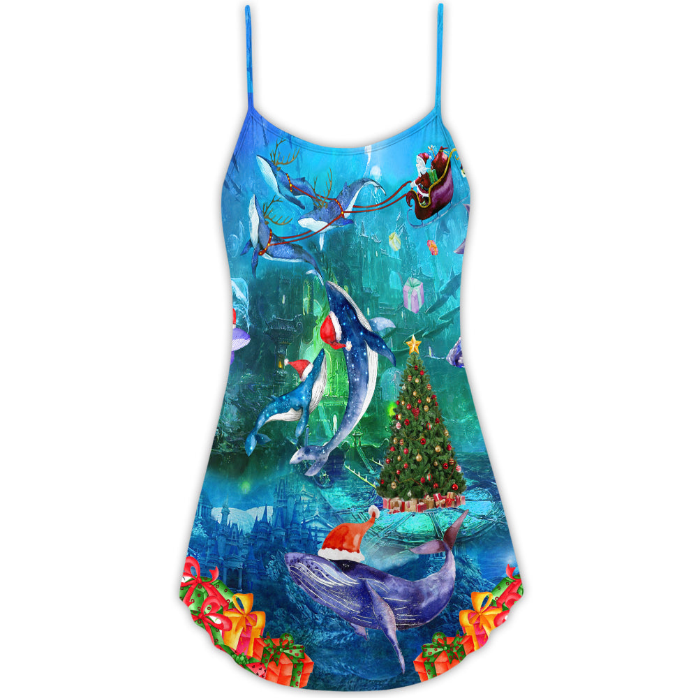 Christmas Whales Ocean Scene – Women's Summer Sleeveless V-Neck Camisole Dress