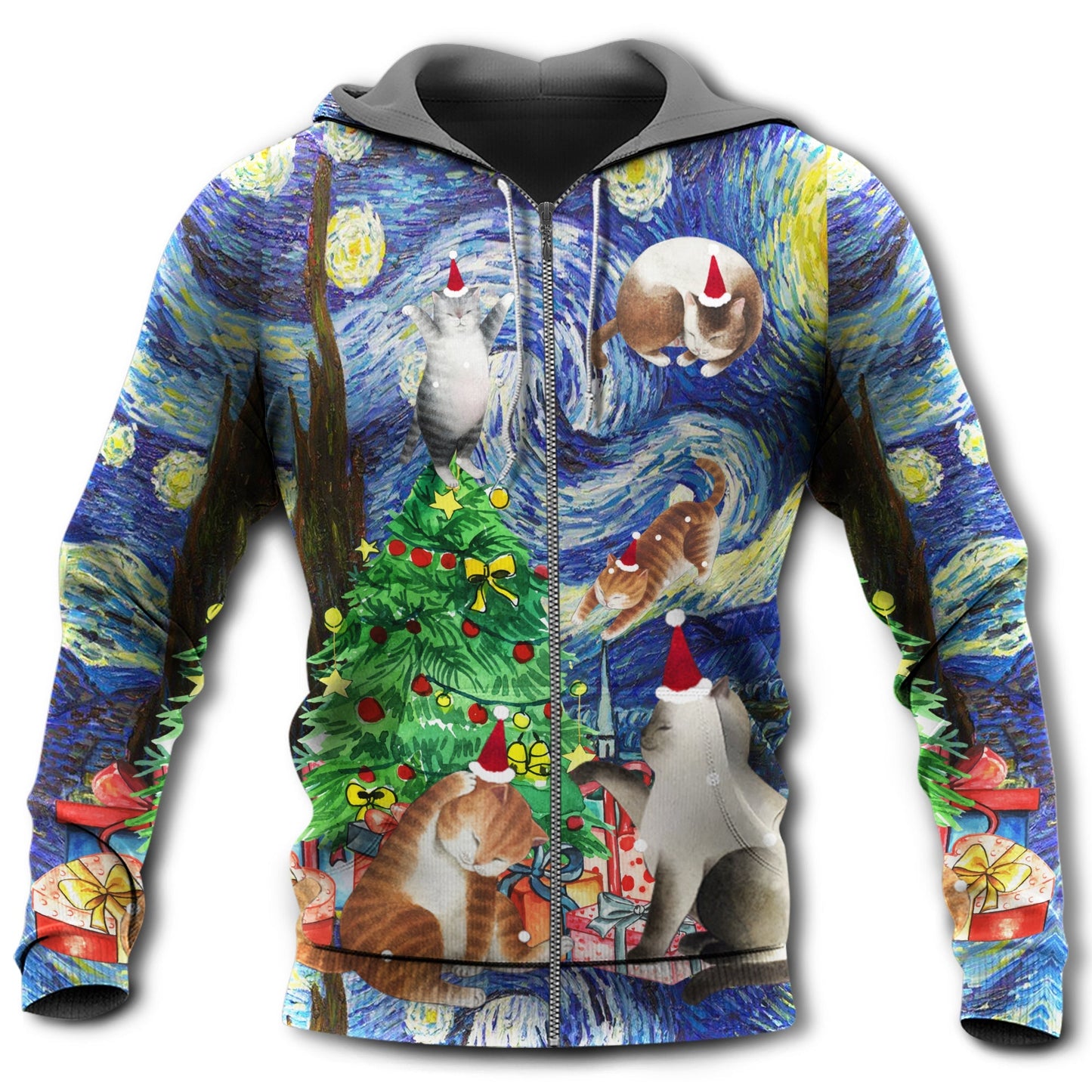 Christmas Cat Playing Starry Night Art – 3D Hoodie
