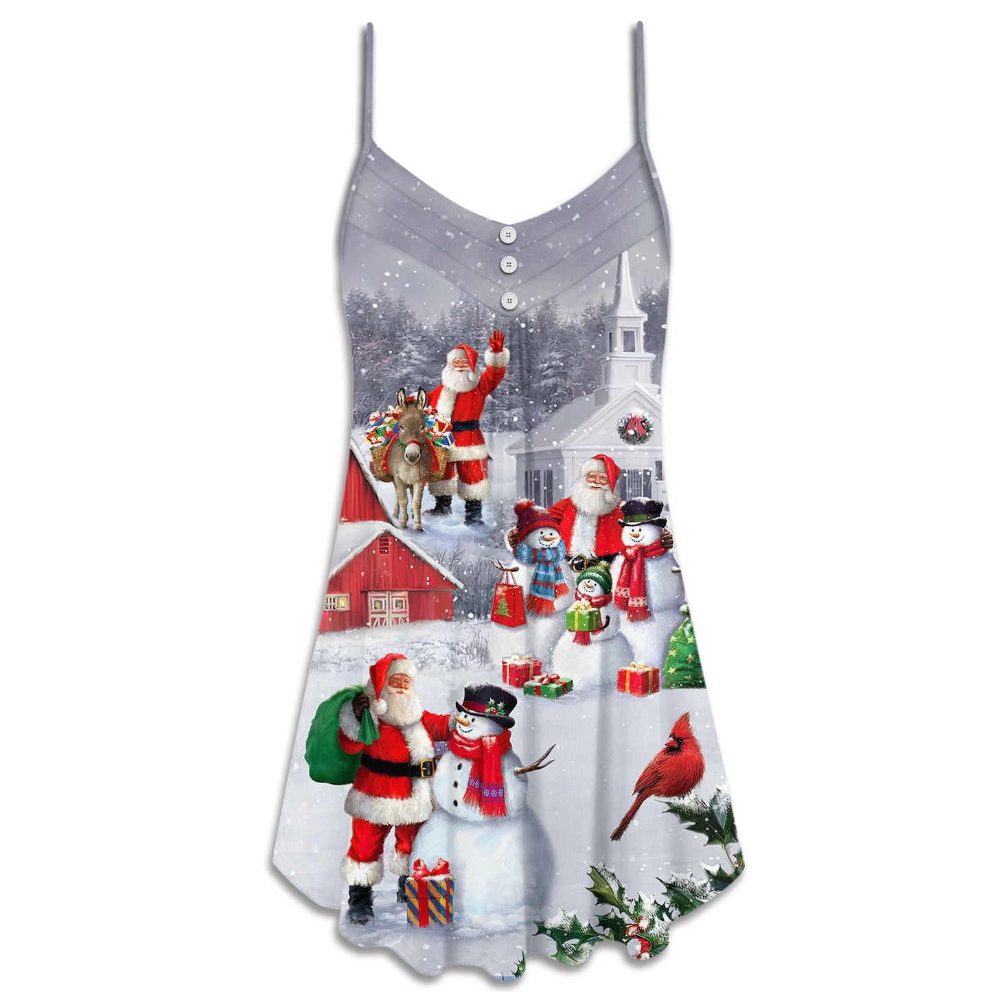Santa Snowman Town Scene – Women's Summer Sleeveless V-Neck Camisole Dress