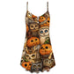 Halloween Owl Pumpkin Pattern – Women's Summer Sleeveless V-Neck Camisole Dress