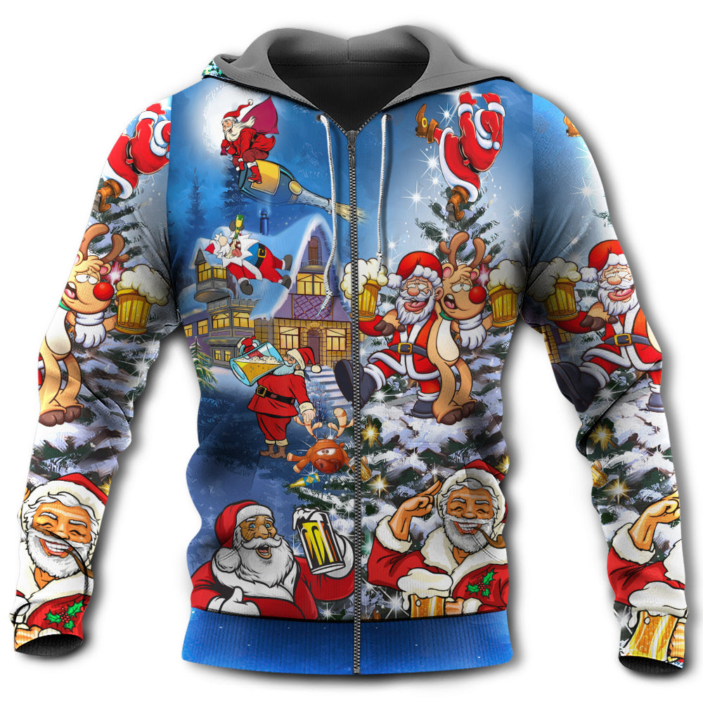 Christmas Funny Santa Drinking Beer Style - Hoodie