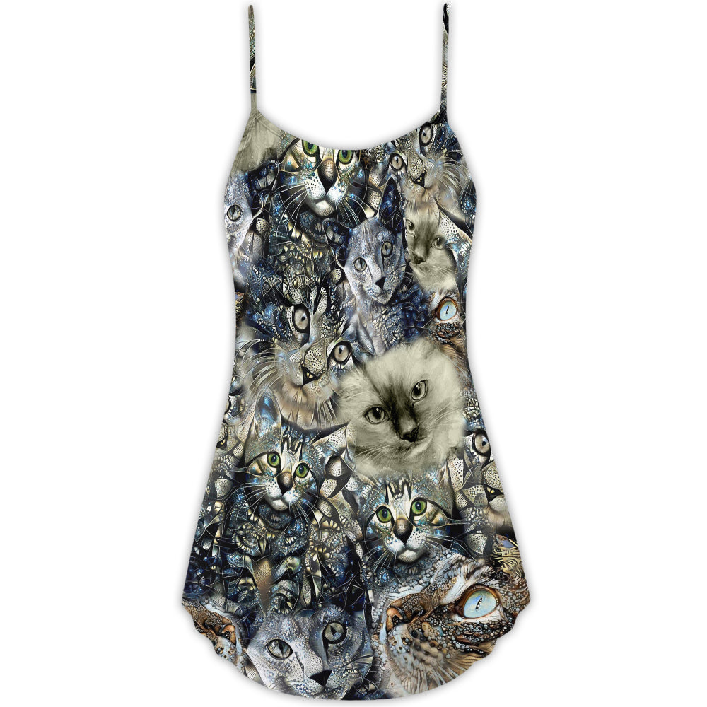 Vintage Cat Floral Neutral – Women's Summer Sleeveless V-Neck Camisole Dress