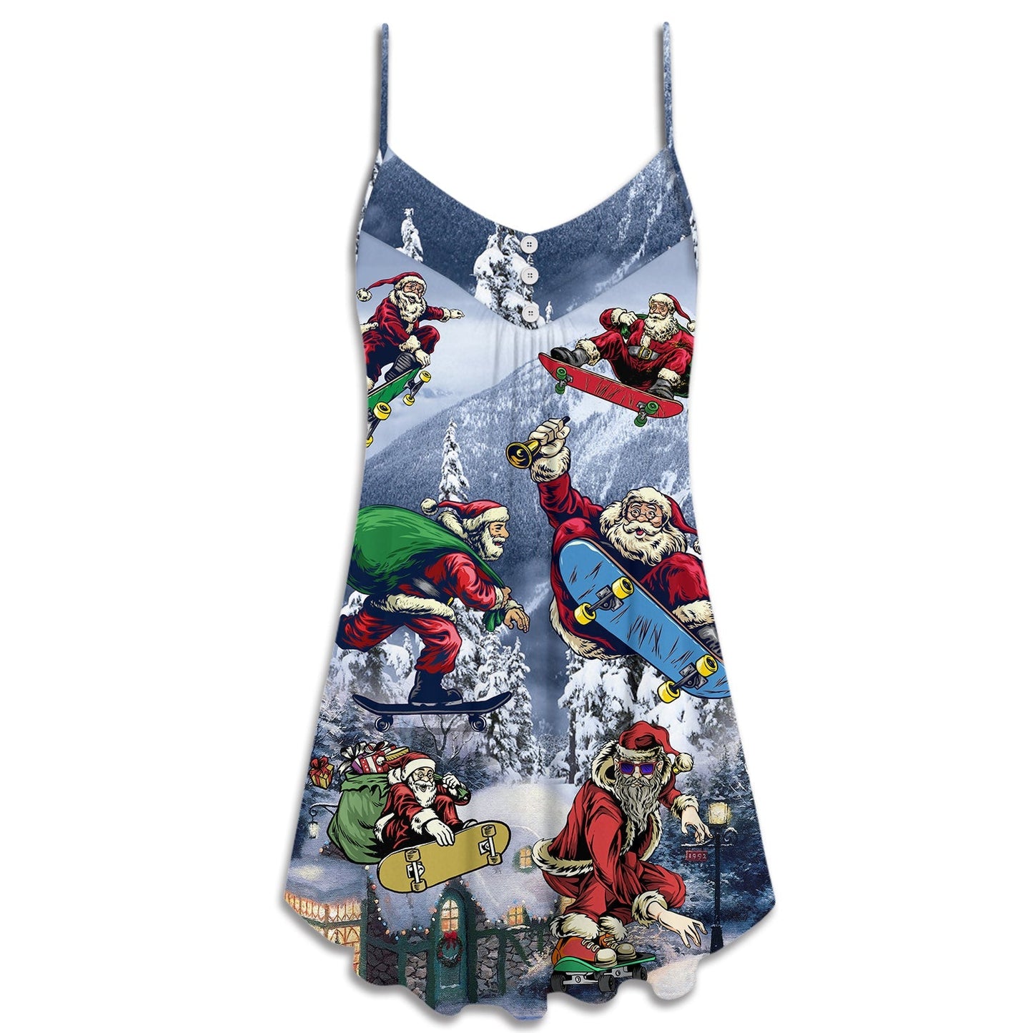 Christmas Santa Skateboarding Snow – Women's Summer Sleeveless V-Neck Camisole Dress