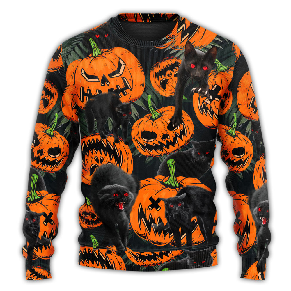 Halloween Black Cat Pumpkin Tropical Art – Sweater - Ugly Christmas Sweater