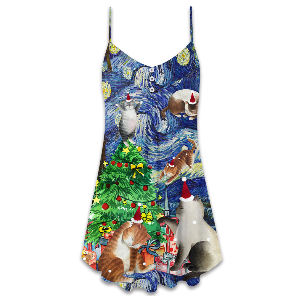 Christmas Cat Starry Night – Women's Summer Sleeveless V-Neck Camisole Dress