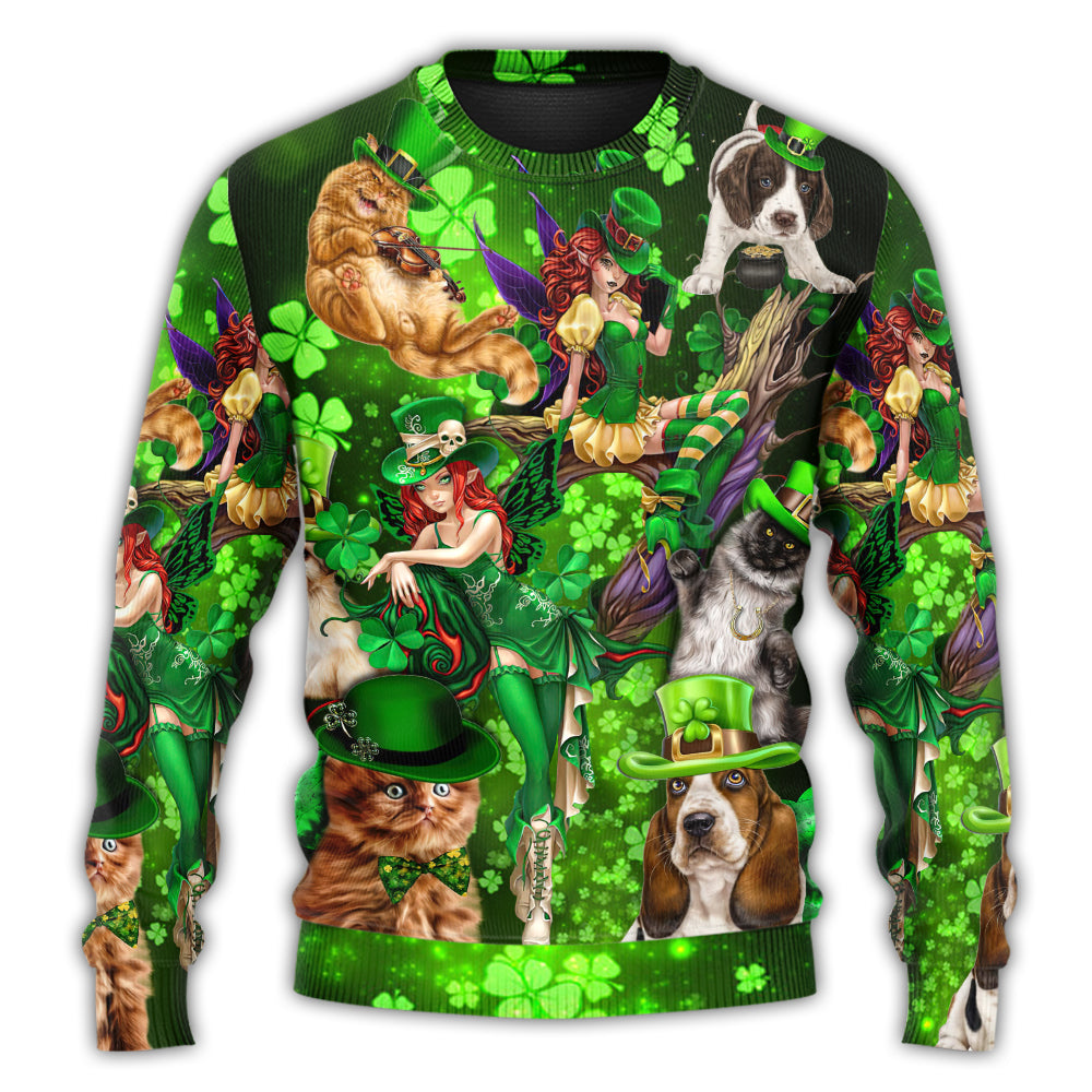 Irish Cat Girl St Patrick Green Light – Sweater - Ugly Christmas Sweater