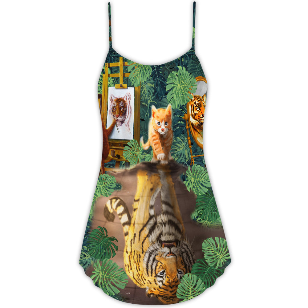 Cat And Tiger Tropical Leaves – Women's Summer Sleeveless V-Neck Camisole Dress