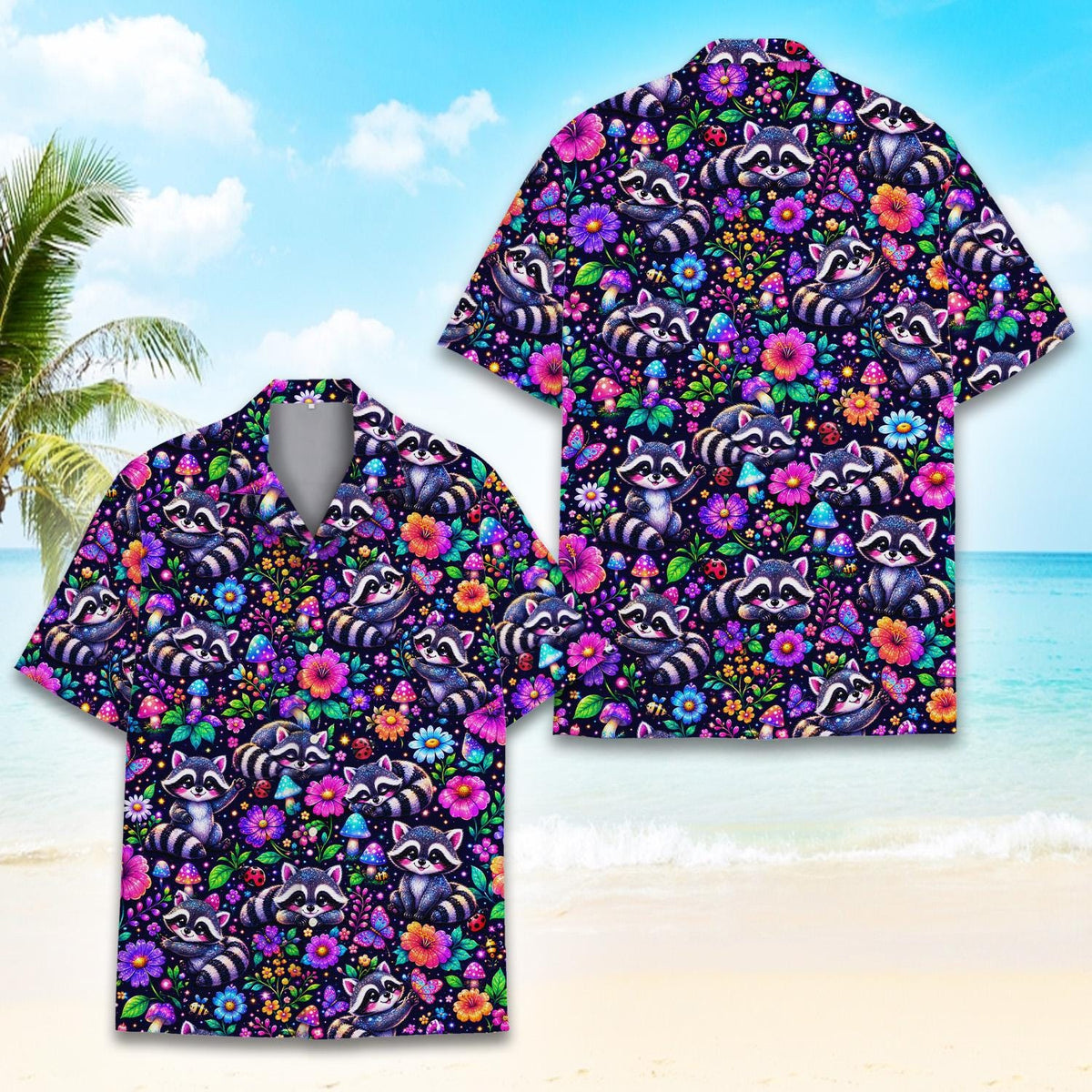 Cute Raccoon Colorful Floral Mushroom Garden – Hawaiian Shirt