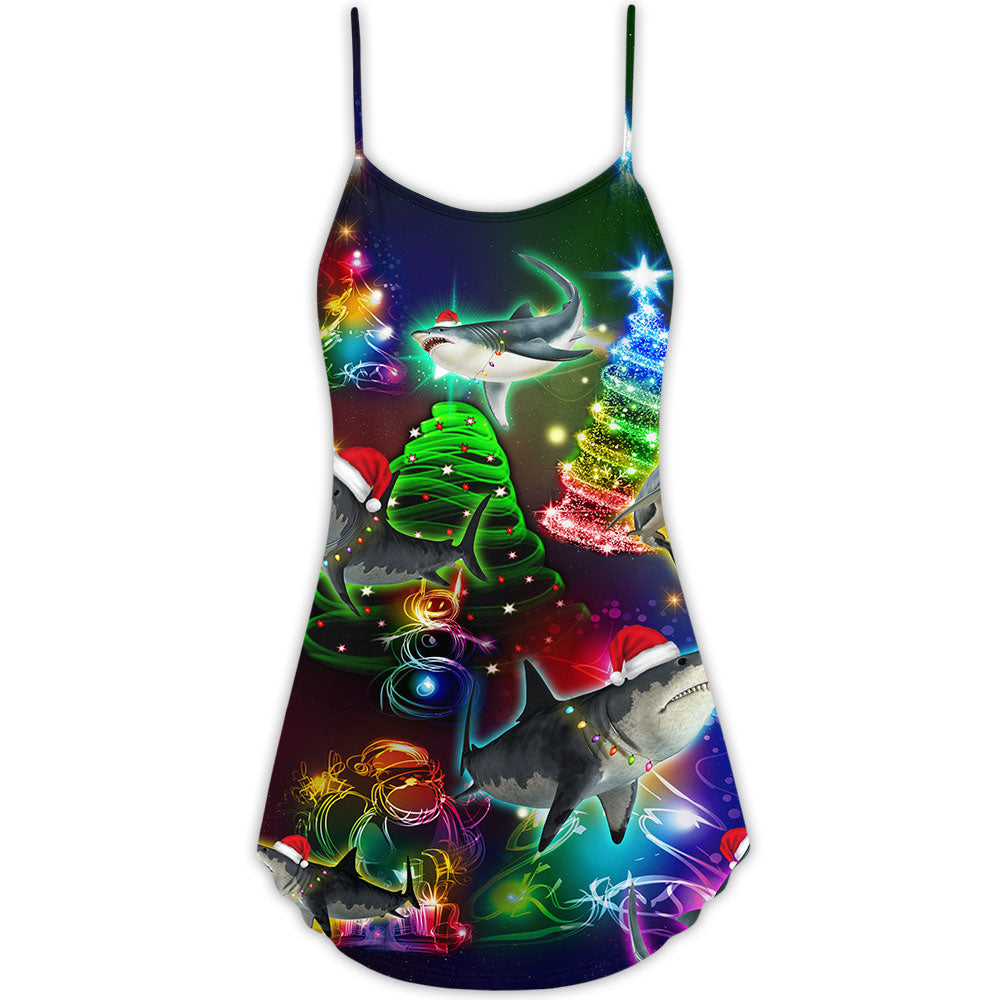Shark Christmas Neon Style – Women's Summer Sleeveless V-Neck Camisole Dress