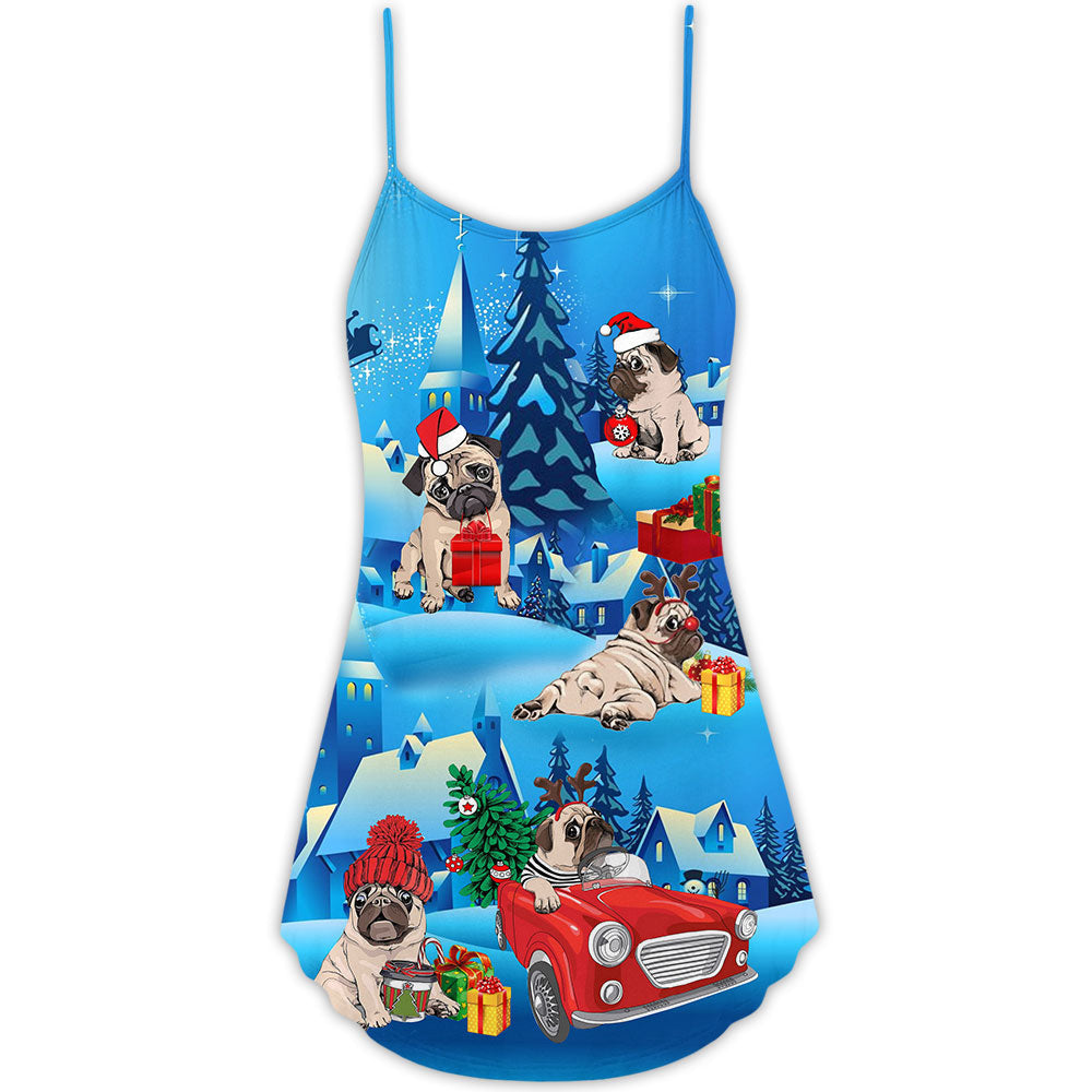 Pug Santa Merry Christmas Snow – Women's Summer Sleeveless V-Neck Camisole Dress