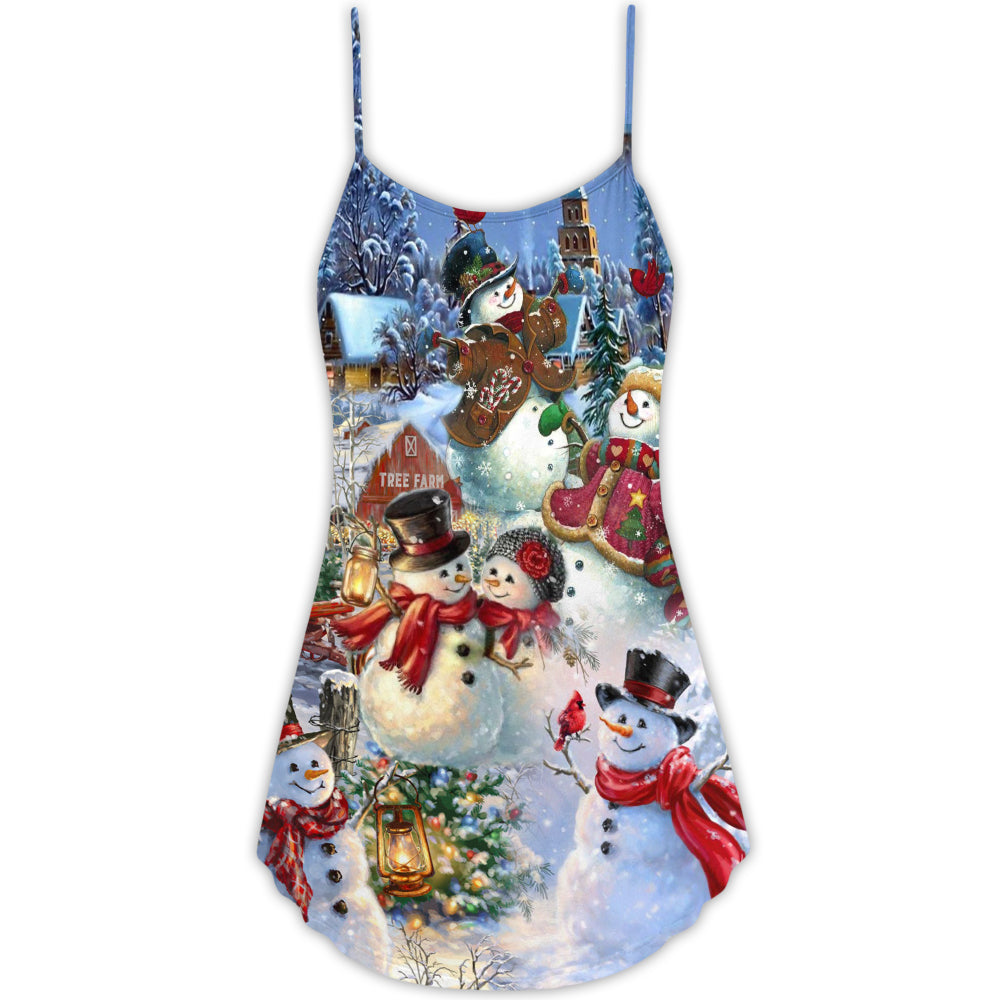 Snowman Couple Winter Love – Women's Summer Sleeveless V-Neck Camisole Dress