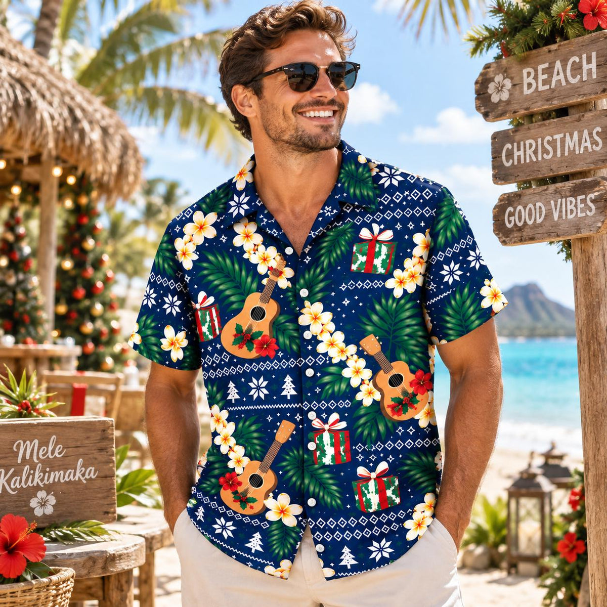 Tropical Christmas Ukulele Guitar Beach Vacation – Hawaiian Shirt