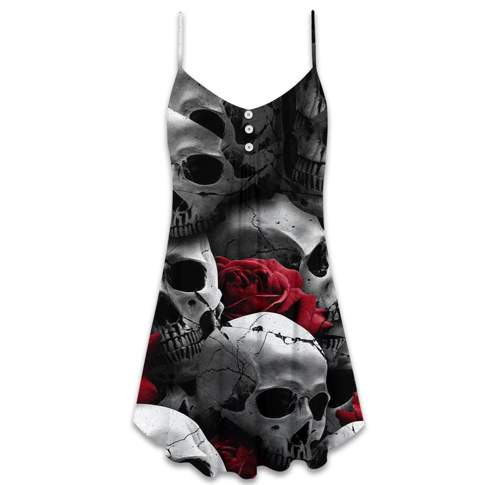 Skull Love Rose Gothic Style – Women's Summer Sleeveless V-Neck Camisole Dress