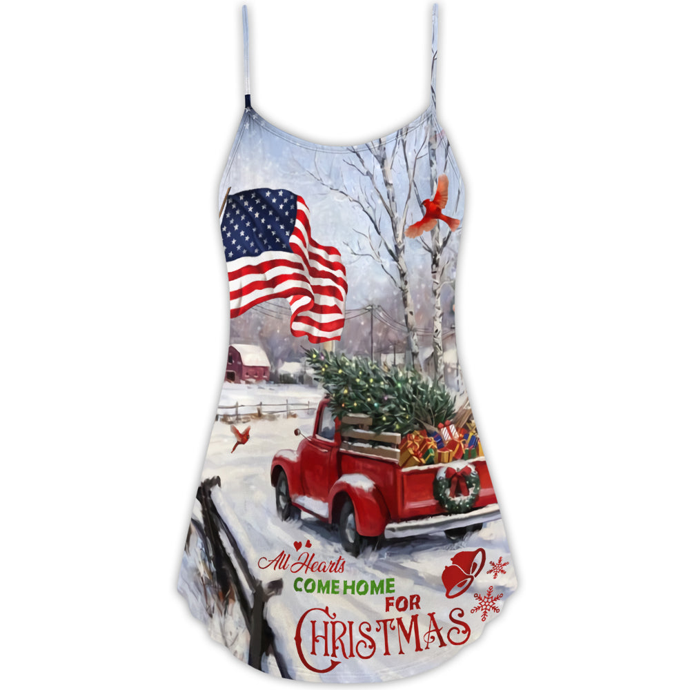 Christmas Hearts Home Red Truck Cardinal – Women's Summer Sleeveless V-Neck Camisole Dress