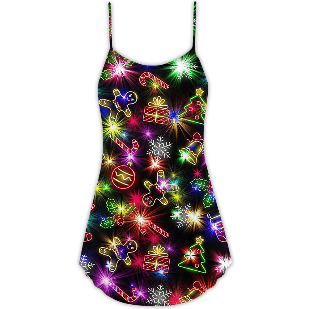 Christmas Tree Gifts Gingerbread Neon – Women's Summer Sleeveless V-Neck Camisole Dress