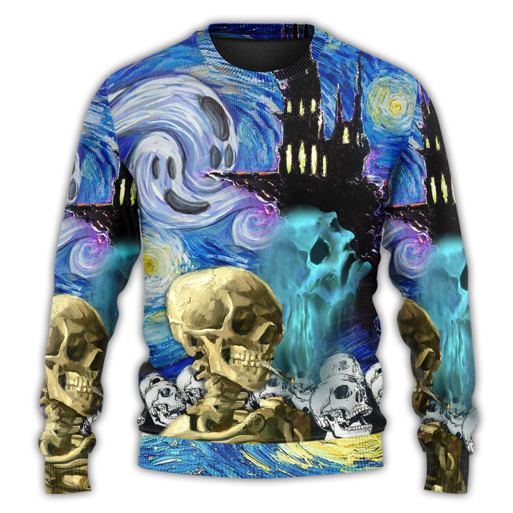 Halloween Skull Smoke Starry Night Art – Sweater - Ugly Christmas Sweater