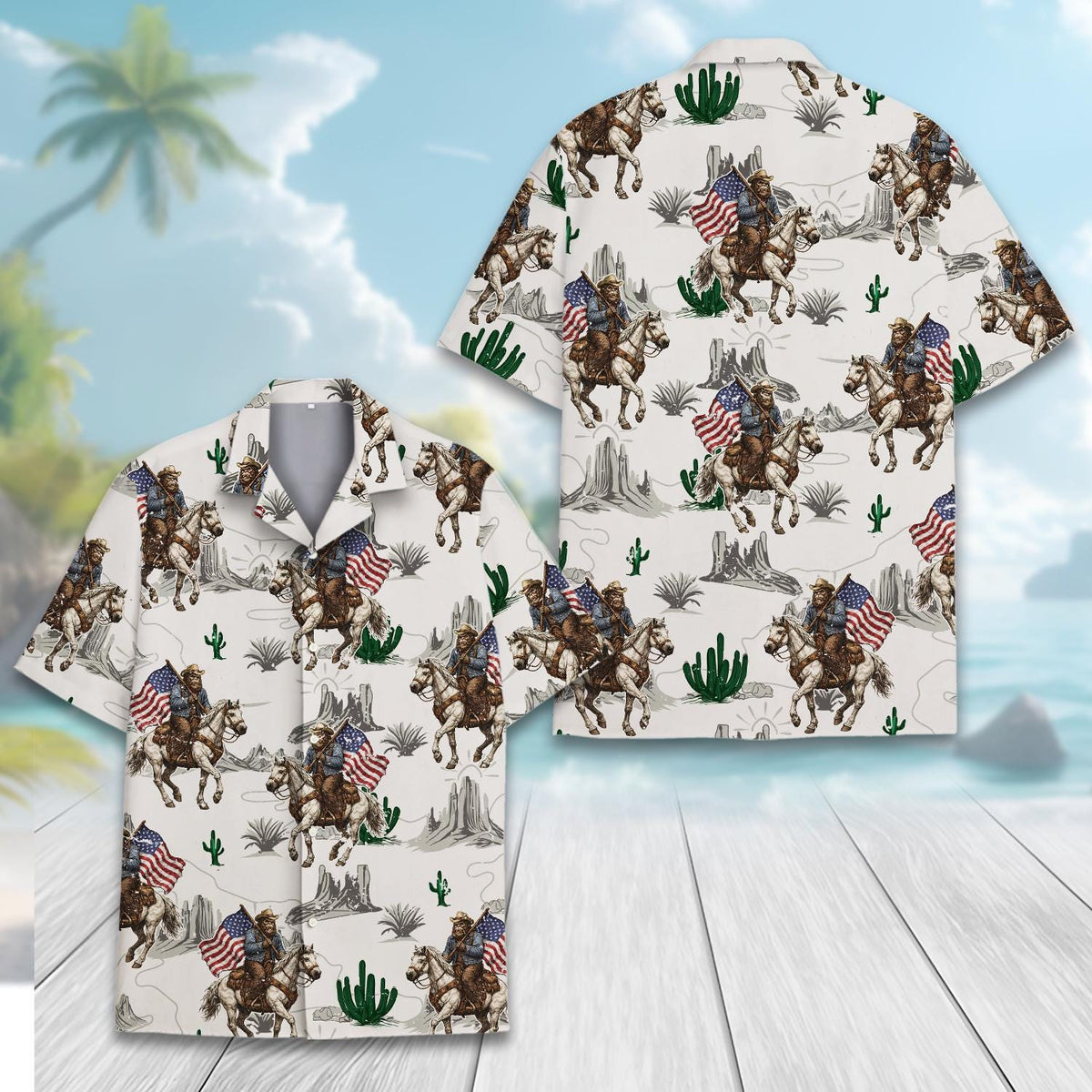 Bigfoot Cowboy Sasquatch USA Flag Western Rodeo – Hawaiian Shirt
