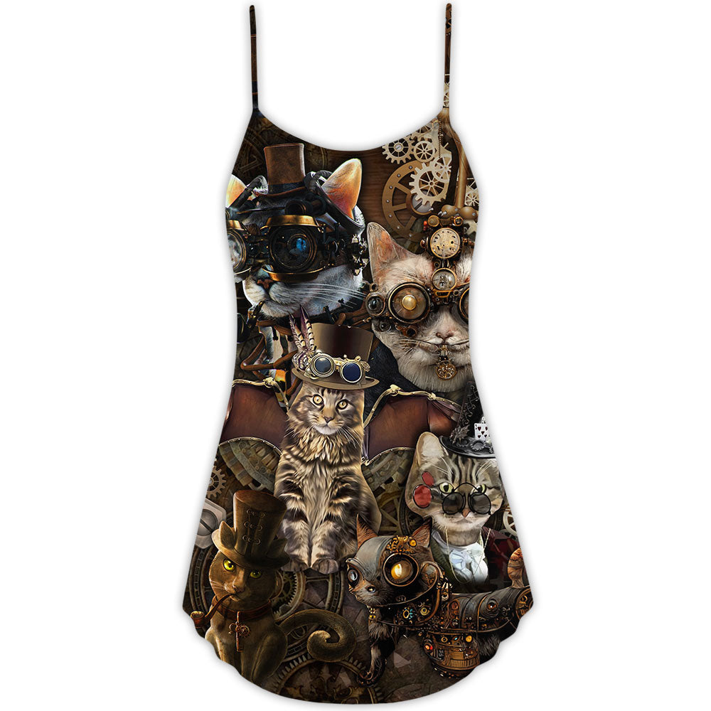 Steampunk Cat Mad Style – Women's Summer Sleeveless V-Neck Camisole Dress