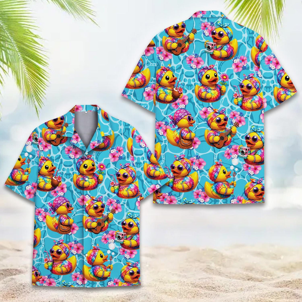 Summer Rubber Duck Tie Dye Tropical Flowers Cocktail – Hawaiian Shirt