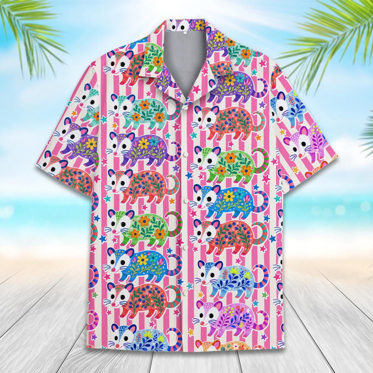 Floral Opossum Pink Stripe Summer Vacation – Hawaiian Shirt