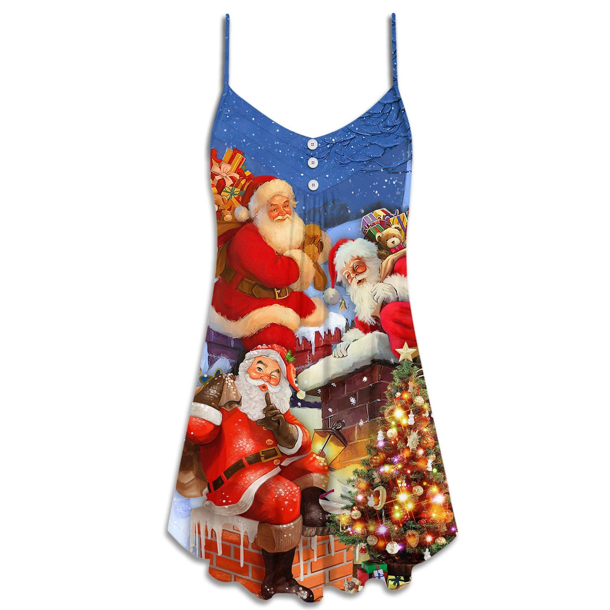 Christmas Rooftop Santa Art – Women's Summer Sleeveless V-Neck Camisole Dress
