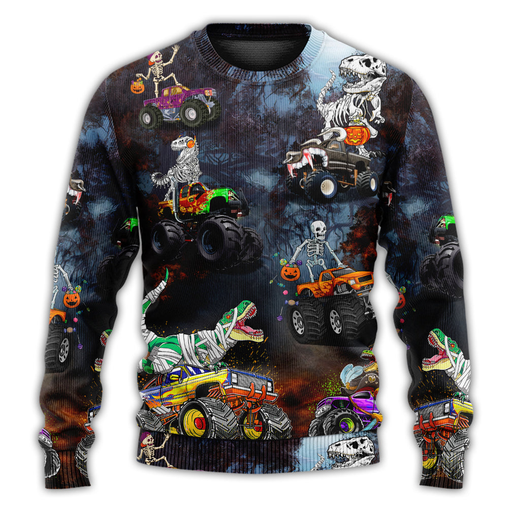 Halloween Skeleton Dinosaur Monster Truck Art – Sweater - Ugly Christmas Sweater