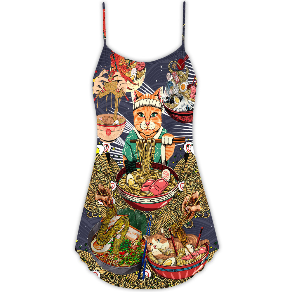Cat Eating Ramen Cute – Women's Summer Sleeveless V-Neck Camisole Dress
