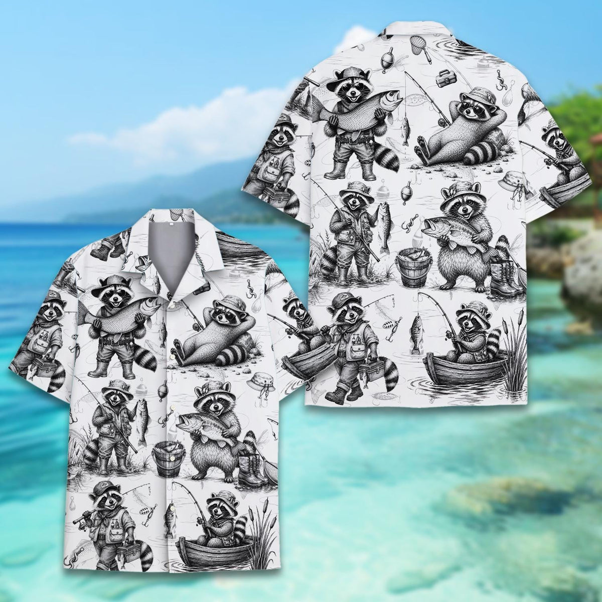 Funny Raccoon Camping Campfire Fishing Adventure – Hawaiian Shirt