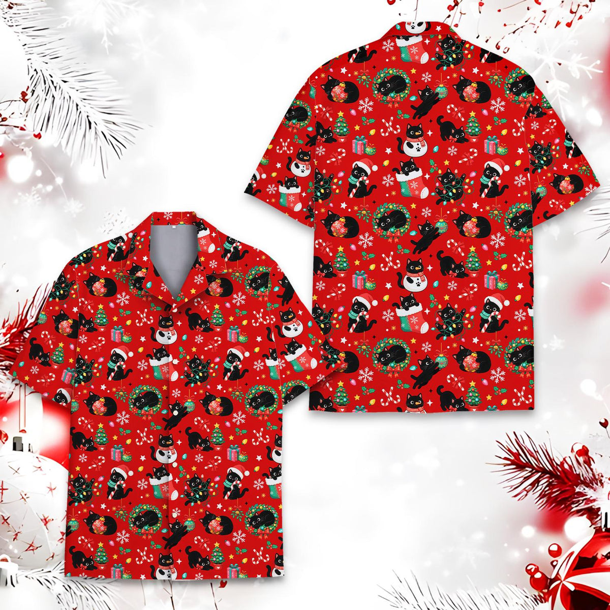 Black Cat Christmas Tree Snowman Holiday 2 – Hawaiian Shirt