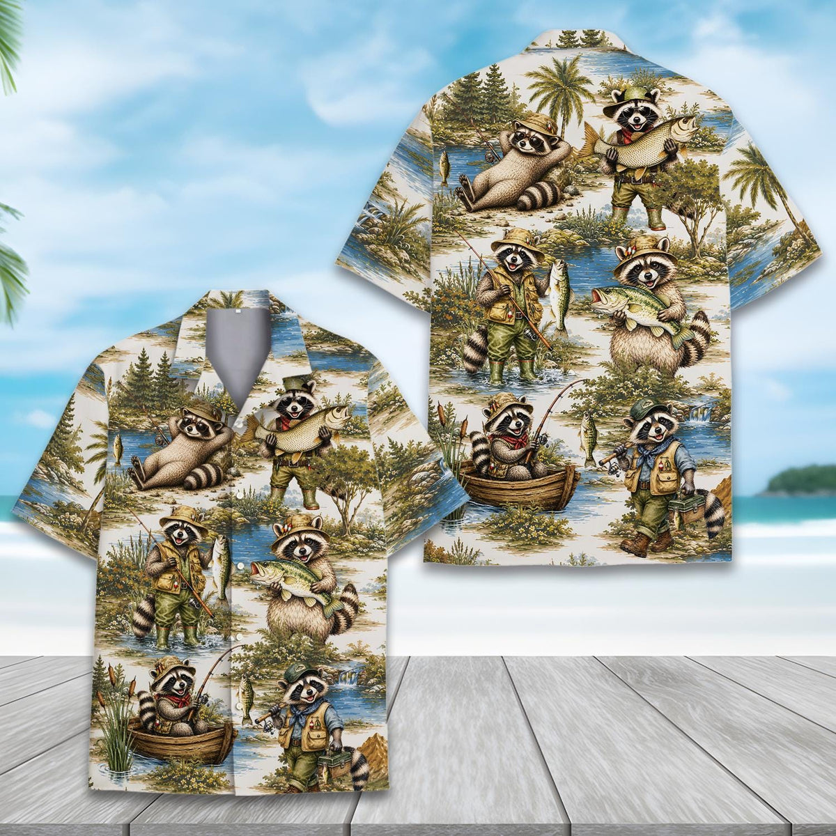Funny Raccoon Camping Campfire Fishing – Hawaiian Shirt