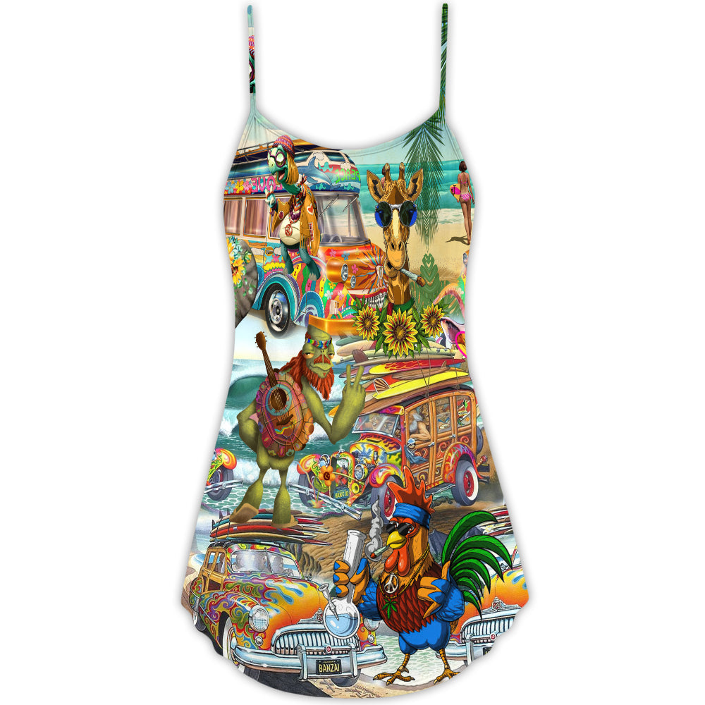 Hippie Funny Animals Beach Love – Women's Summer Sleeveless V-Neck Camisole Dress