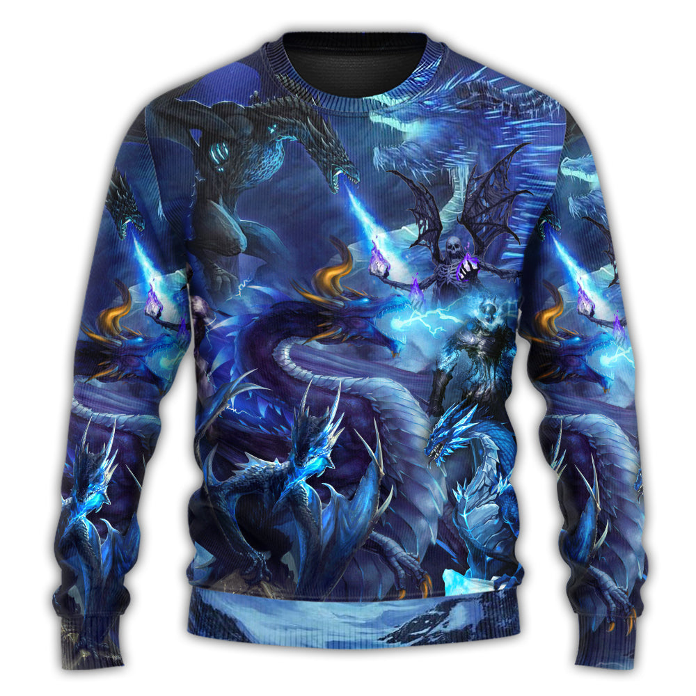 Blue Dragon Skull Fire Lightning Art – Sweater - Ugly Christmas Sweater