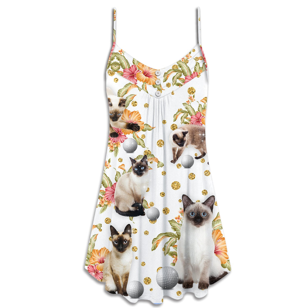Cat Playing Golf Bling Flower – Women's Summer Sleeveless V-Neck Camisole Dress